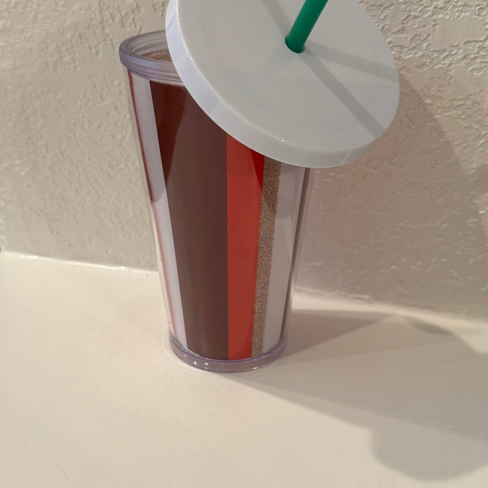 Starbucks Tumbler Cup Red White Brown Glitter Stripe Reusable Travel Mug Lid - Picture 6 of 11